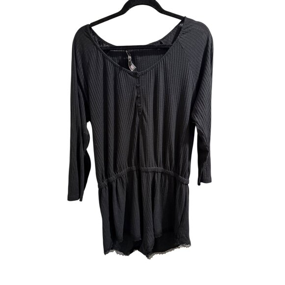 Victorias Secret Black Ribbed Button-Up Romper With Lace Hem L/XL - Picture 1 of 6